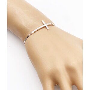 925 Sterling Silver Dainty Sideways Cross Bracelet Adjustable Religious Faith